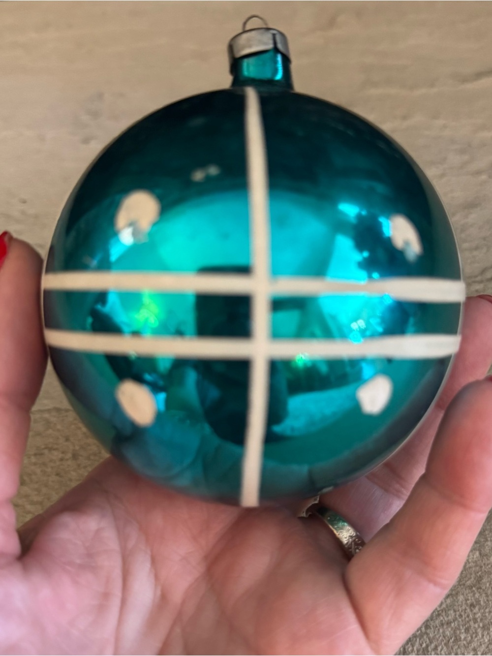 Vintage 1950’s Teal European Hand Blown Glass Ornament with White Stripes 4”
